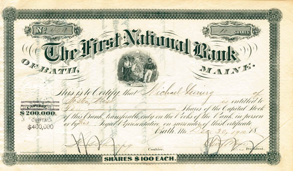 First National Bank of Bath, Maine - Stock Certificate