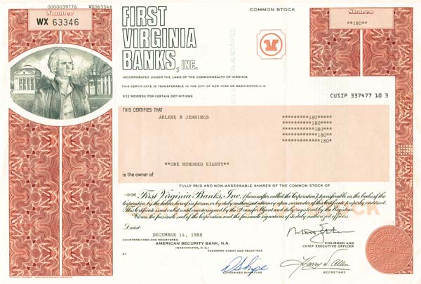 First Virginia Banks, Inc - Stock Certificate