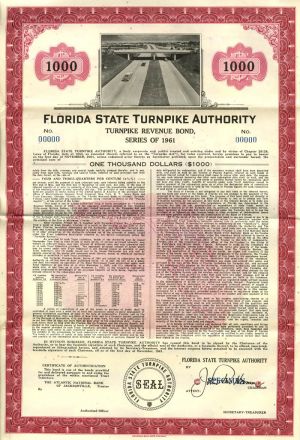 Florida State Turnkpike Authortiy Specimen - Bond