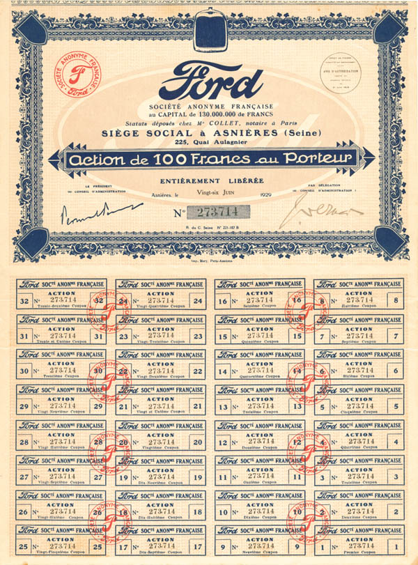 Ford Societe Anonyme Francaise - Stock Certificate