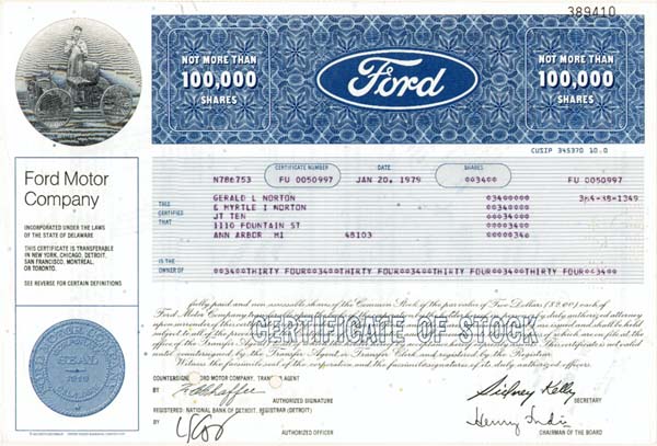 Ford Motor Co - Stock Certificate