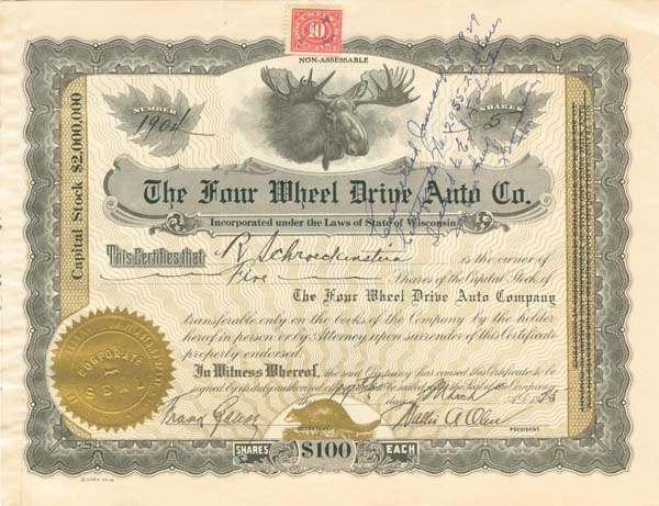 Four Wheel Drive Auto Co - Stock Certificate