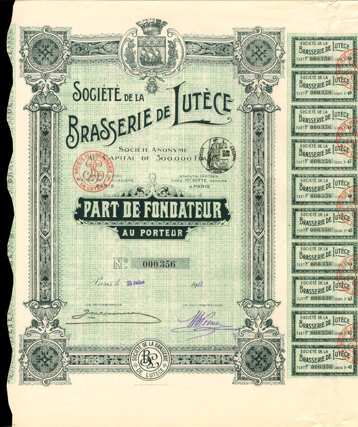 Societe De La Brasserie De Lutece - 300,000 Francs
