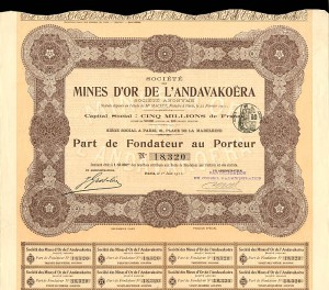 Societe Des Mines D'or De L'Andavakoera - Stock Certificate