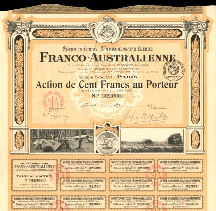 Societe Forestiere Franco-Australienne - Stock Certificate