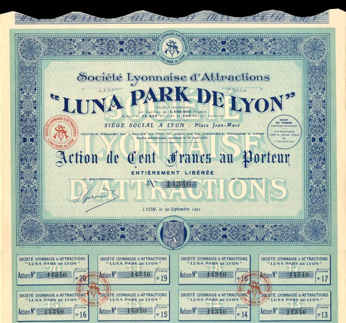 Societe Lyonnaise d'Attractions Luna Park De Lyon - Stock Certificate