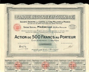 Banque Regionale Et Coloniale - Stock Certificate