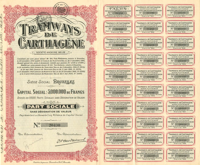 Tramways De Carthagene - 5,000,000 Francs Capitalization - Stock Certificate