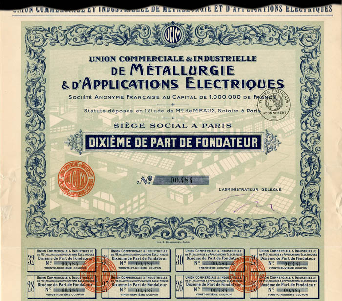 Union Commerciale and Industrielle De Metallurgie and D'Applications Electriques - 1,000,000 Francs - Bond