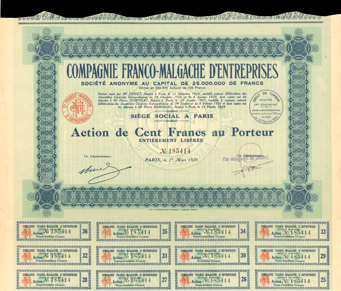 Compagnie Franco-Malgache D'Entreprises - Stock Certificate