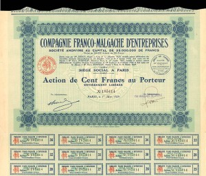 Compagnie Franco-Malgache D'Entreprises - Stock Certificate
