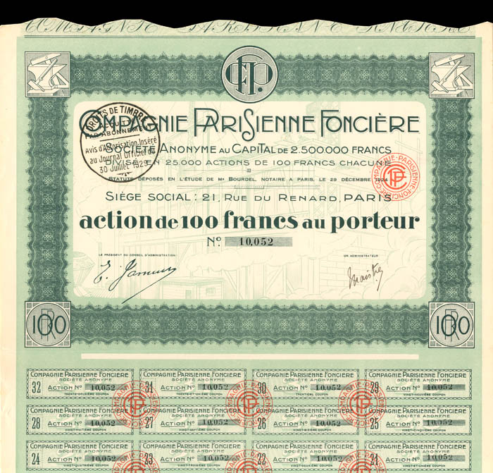 Compagnie Parisienne Fonciere - Stock Certificate