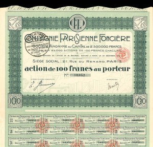 Compagnie Parisienne Fonciere - Stock Certificate