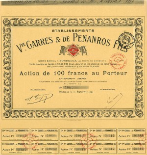 Vve. Garres and De Penanros Fils - Stock Certificate