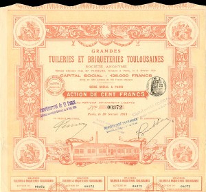 Grandes Tuileries Et Briqueteries Toulousaines - Stock Certificate