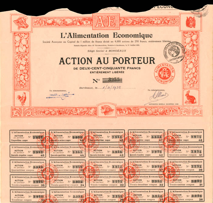 L'Alimentation Economique - Stock Certificate