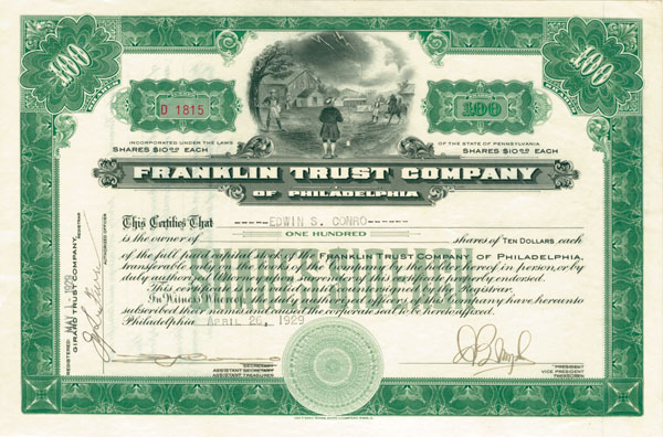 Franklin Trust Co. - Vignette of Franklin with Kite and Lightening in a Bottle - Stock Certificate