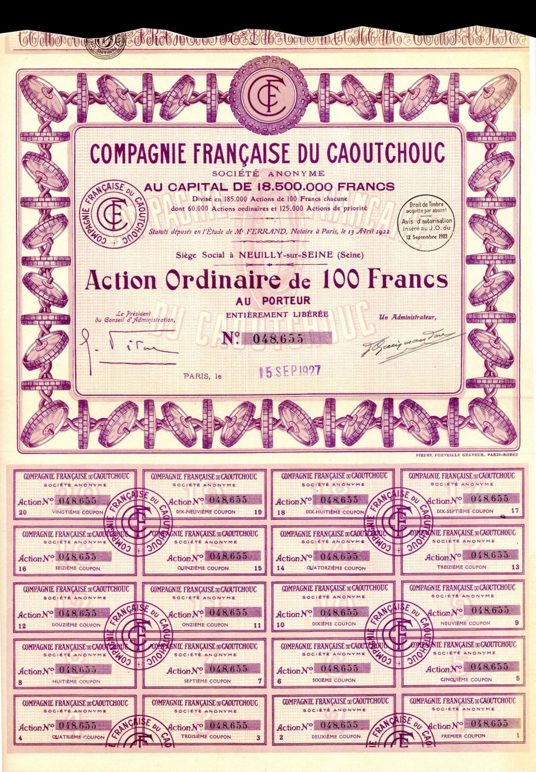 Compagnie Francaise du Caoutchouc - Stock Certificate