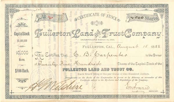 Fullerton Land and Trust Company signed by H.G. Wilshire
