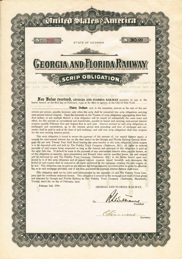 Georgia and Florida Railway - $30.00 Bond (Uncanceled)