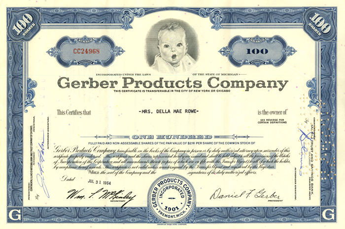Gerber Products Co. - 1950 dated Baby Food & Baby Products Company Stock Certificate