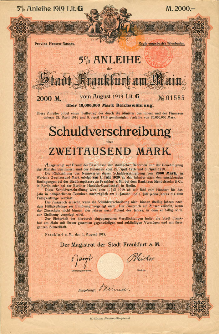 Stadt Frankfurt am Main - 2,000 or 1,000 Mark - Bond (Uncanceled)