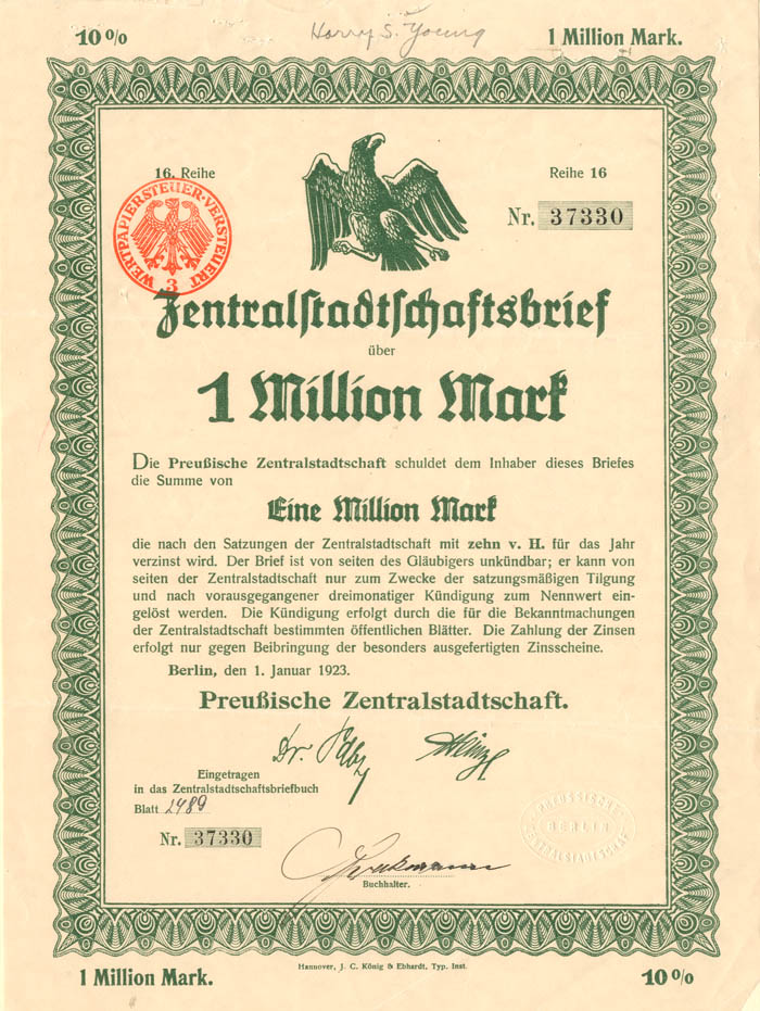 Zentralstadtschaft - 1 Million Mark Uncanceled Bond