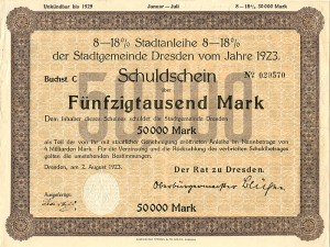 Schuldschein uber Funfzigtausend Mark - 1923 dated 50,000 German Mark Bond (Uncanceled) - Germany