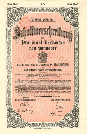 Schulduprsrhreihunny des Provinzial-Verbandes Don Hannover - 500 Marks (Uncanceled)