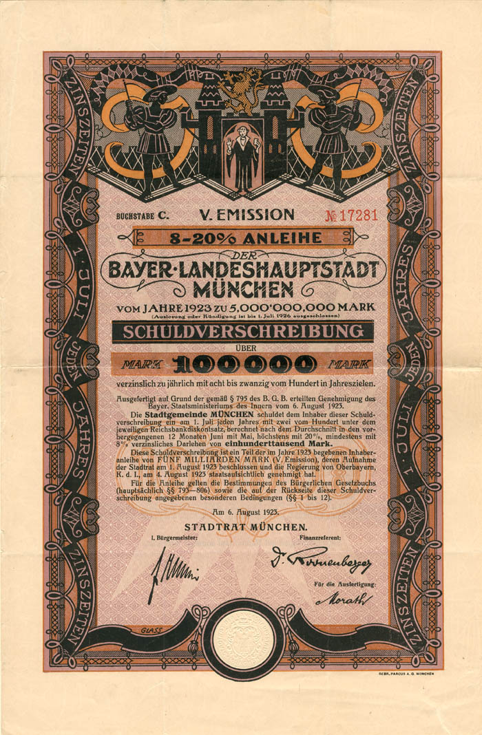 Bayer Landeshauptstadt Munchen - 100,000 Mark (Uncanceled)