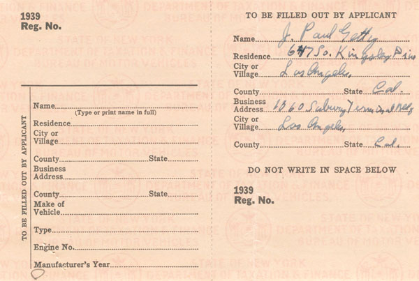 J. Paul Getty signed 1939 Car Registration - The Man behind the Movie All the Money in the World