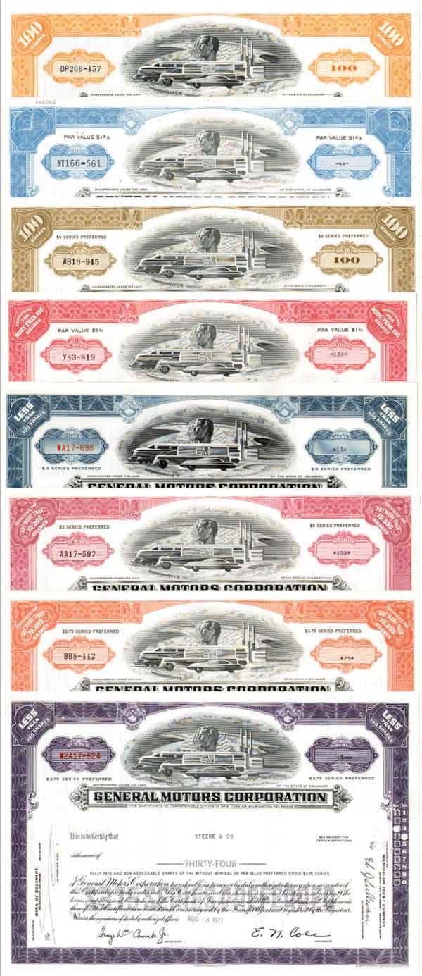 General Motors Corporation Collection of 8 Stocks - Eight Different Stock Certificates
