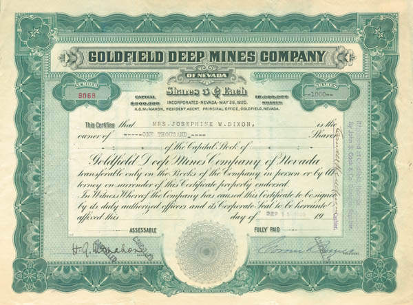 Goldfield Deep Mines Co. - Stock Certificate