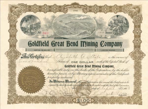 Goldfield Great Bend Mining Co.  - Stock Certificate