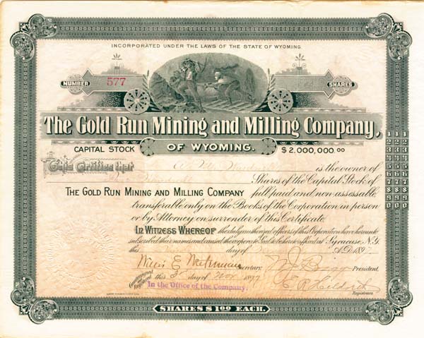 Gold Run Mining and Milling Co. of Wyoming - Stock Certificate