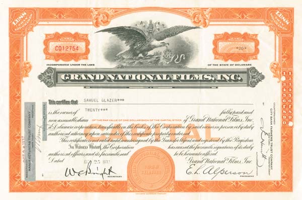 Grand National Films, Inc - Stock Certificate