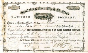 Grantsburg, Rush City & St. Cloud Railroad Co. - Minnesota Railway Stock Certificate