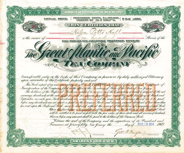 Great Atlantic and Pacific Tea Co. signed by George H. Hartford - Stock Certificate