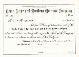 Green River and Northern Railroad Company - Stock Certificate