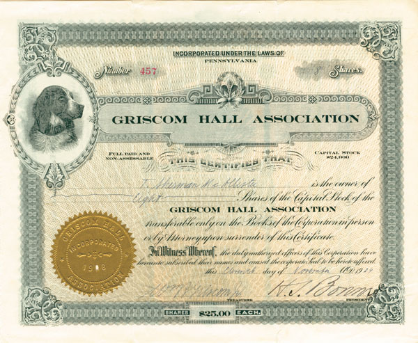 Griscom Hall Association - Stock Certificate