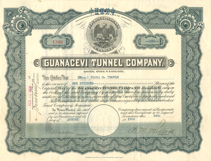 Guanacevi Tunnel Co. - Stock Certificate