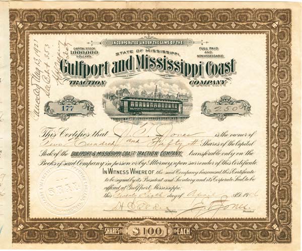 Gulfport and Mississippi Coast Traction Co - 1905 dated Railroad Stock Certificate