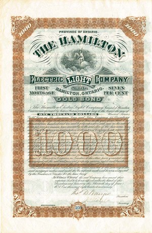 Hamilton Electric Light Co. $1,000 (Uncanceled)