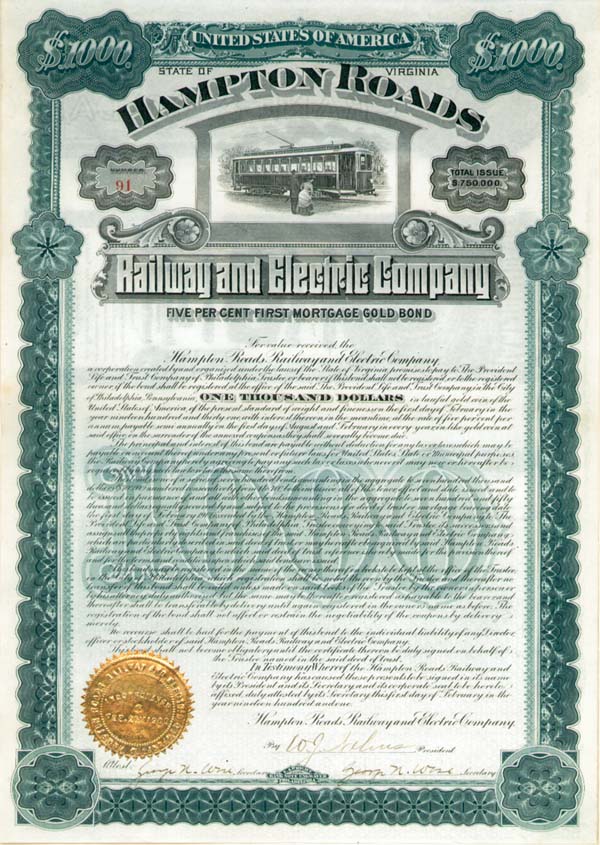 Hampton Roads Railway and Electric Co. - 1901 dated $1,000 Railroad Bond (Uncanceled)