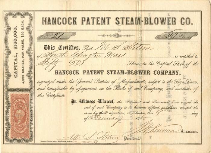Hancock Patent Steam-Blower Co. - Stock Certificate - Interesting Title