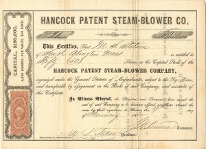 Hancock Patent Steam-Blower Co. - Stock Certificate - Interesting Title