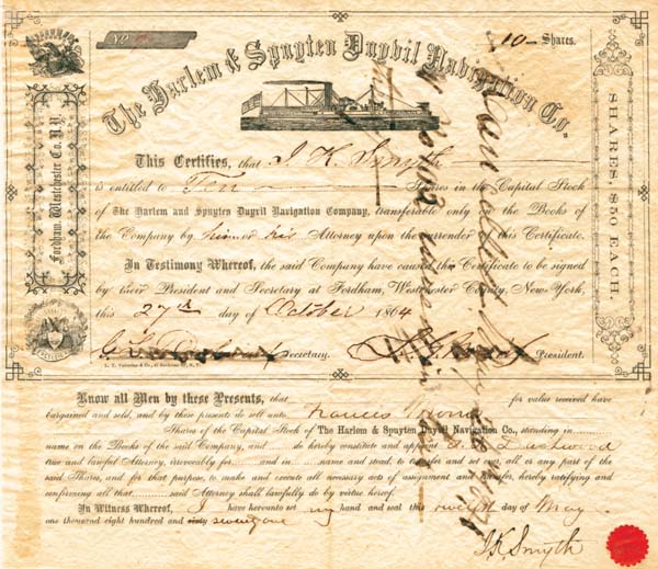 Harlem and Spuyten Duyvil Navigation Co. - Stock Certificate