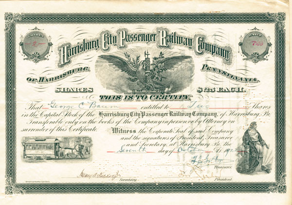 Harrisburg City Passenger Railway - Stock Certificate