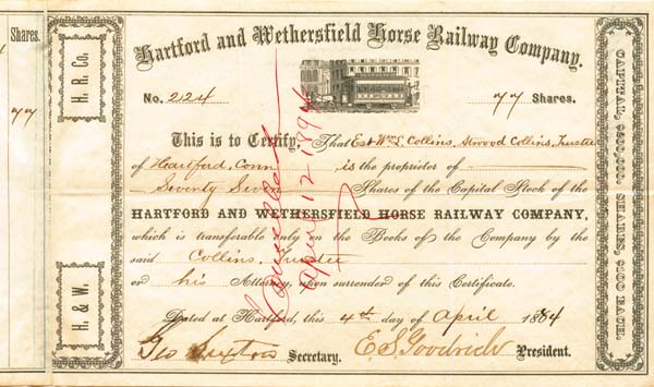 Hartford and Wethersfield Horse Railway - Connecticut Railroad Stock Certificate