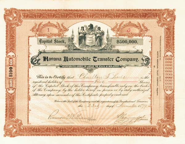 Havana Automobile Transfer Co. - 1899 dated Cuba Stock Certificate